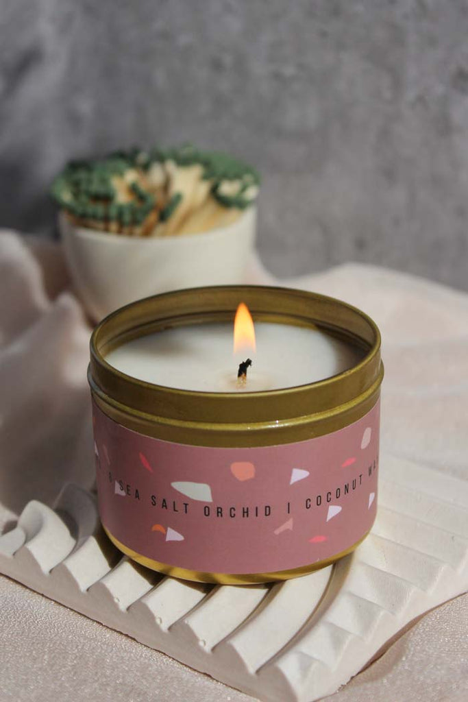 Sea Salt Orchid Gold Tin Candle - esselleSF